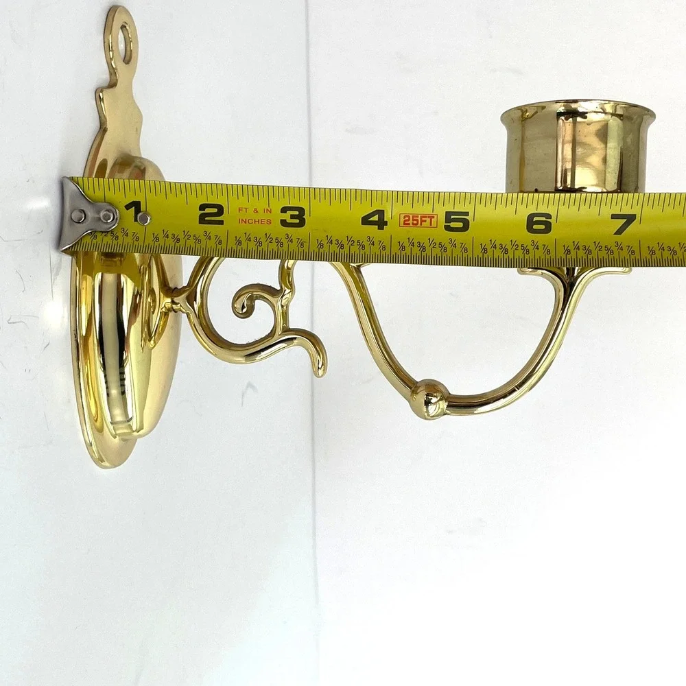 Vintage Polished Brass Wall Sconce Candle Holder Scroll Arm Oval Backplate Gold